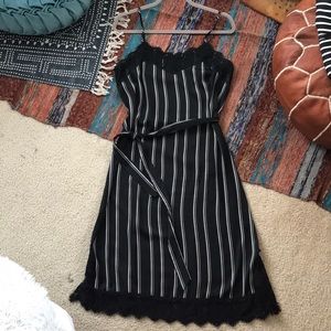 Pinstriped lace trim midi dress